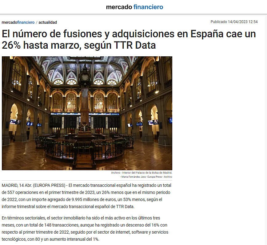 El nmero de fusiones y adquisiciones en Espaa cae un 26% hasta marzo, segn TTR Data
